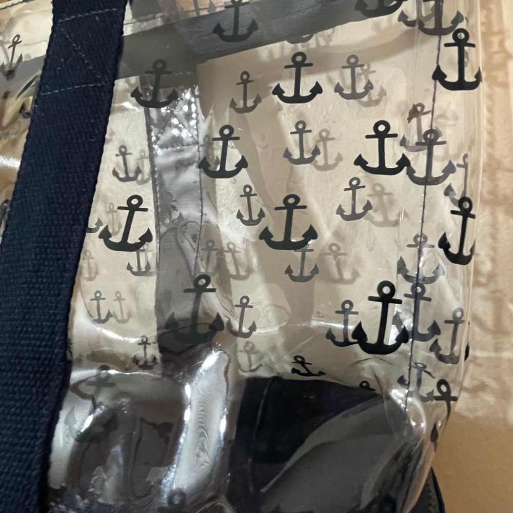 Navy Blue Anchor Print Transparent & Insulated Beach Nautical Tote Bag - Picture 3 of 14